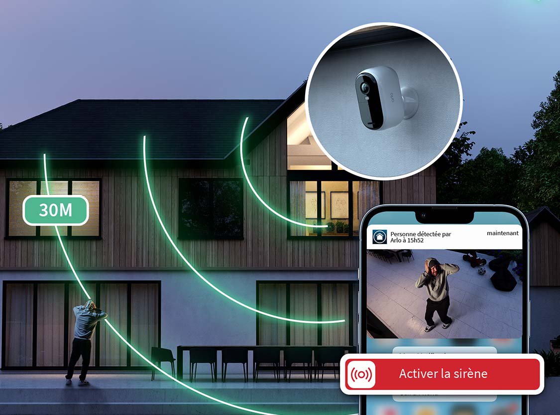 Sirène d'une portée de 30 mètres avec caméra en gros plan et alerte mobile pour activer la sirène.