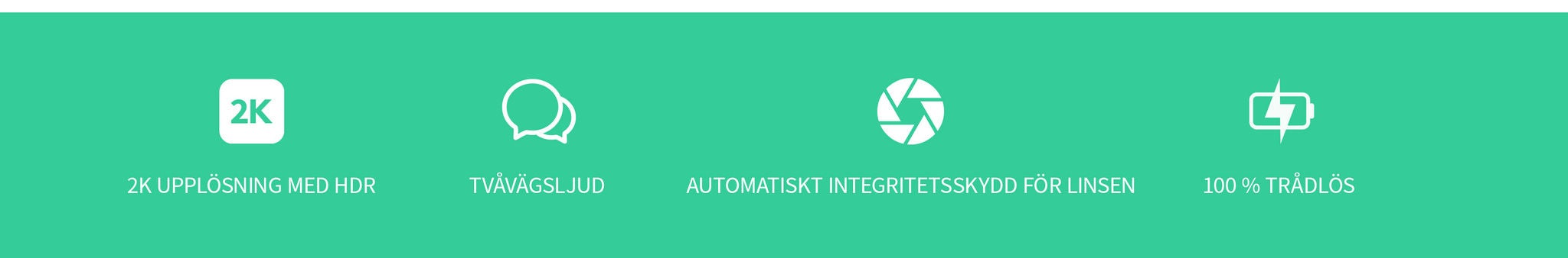Bild som visar usparna: 2K-upplösning med HDR, tvåvägsljud, automatiskt integritetsskydd för linsen (inomhuskamera) och 100% trådlös