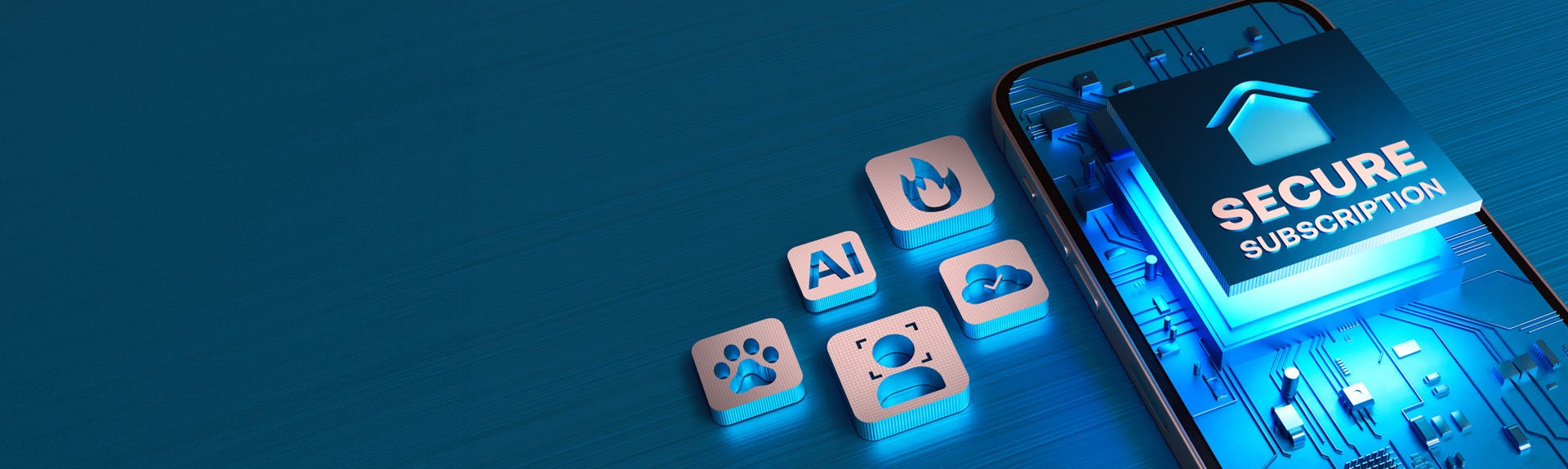 Arlo secure subscription banner with cloud, AI , speed icons next to a mobile phone.