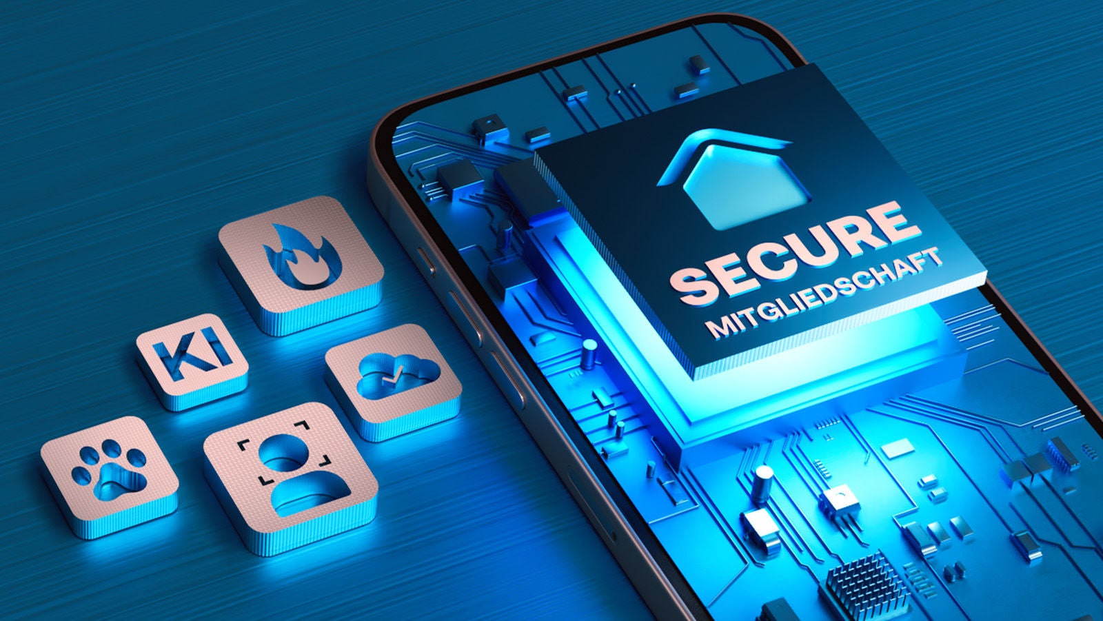 Arlo Secure Abo-Banner mit Symbolen für Tier-, KI-, Geschwindigkeits-, Cloud- und Personenerkennung neben einem Mobiltelefon.