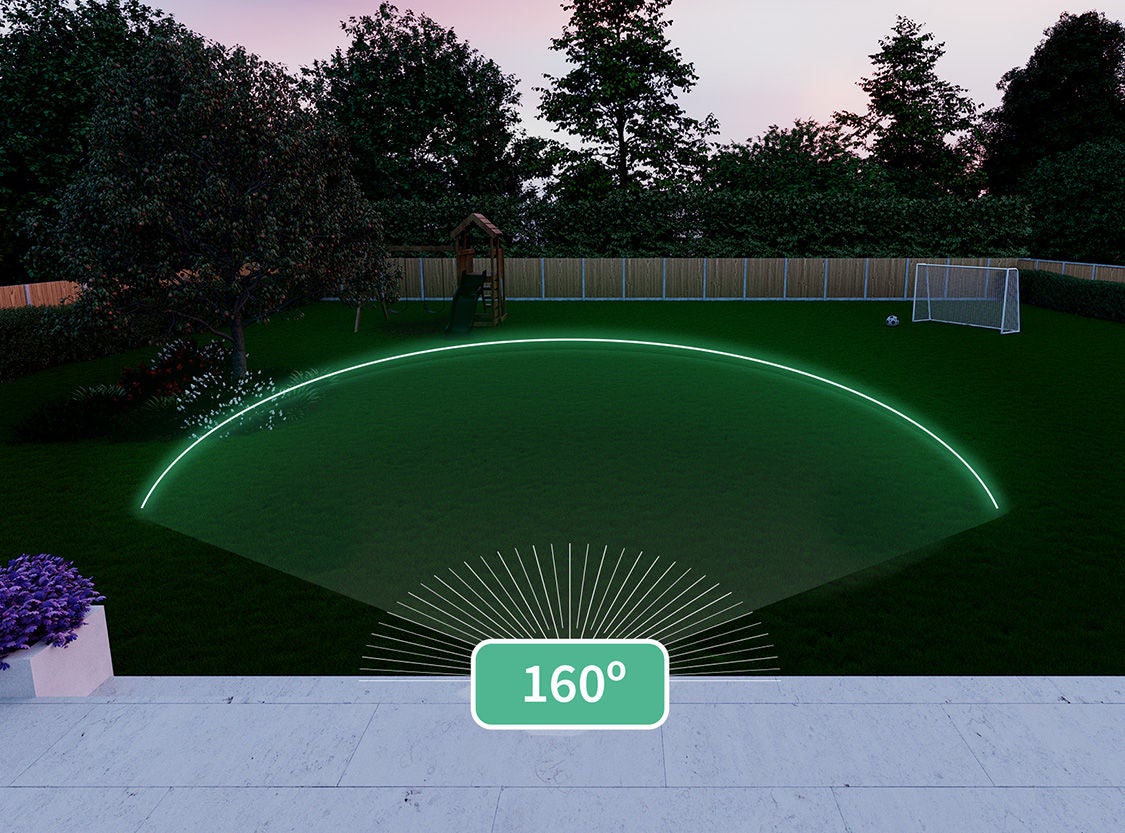 The garden of a house with an effect showing the 160° field of view of the security camera