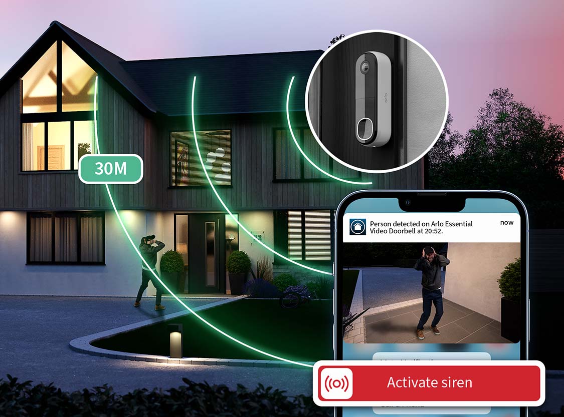 Intruder covering ears with 30M siren range and mobile view of activate siren