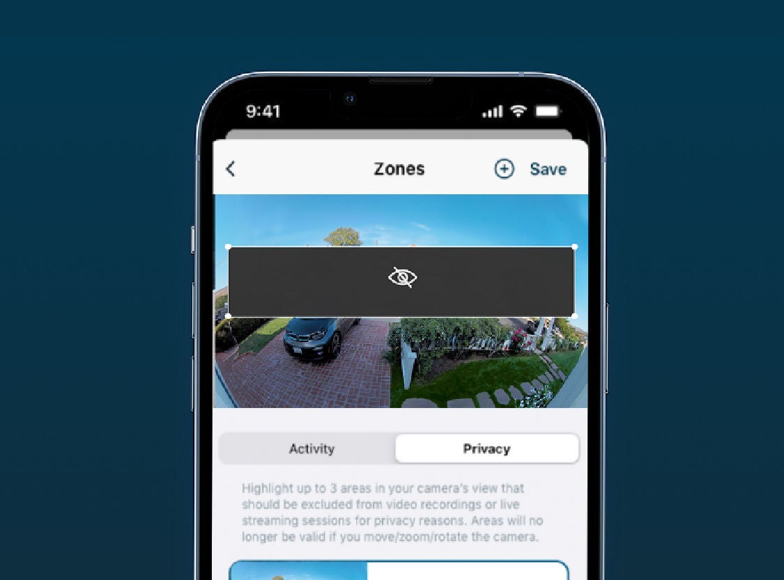 Mobile view of Privacy Zones to block out areas from camera field of view