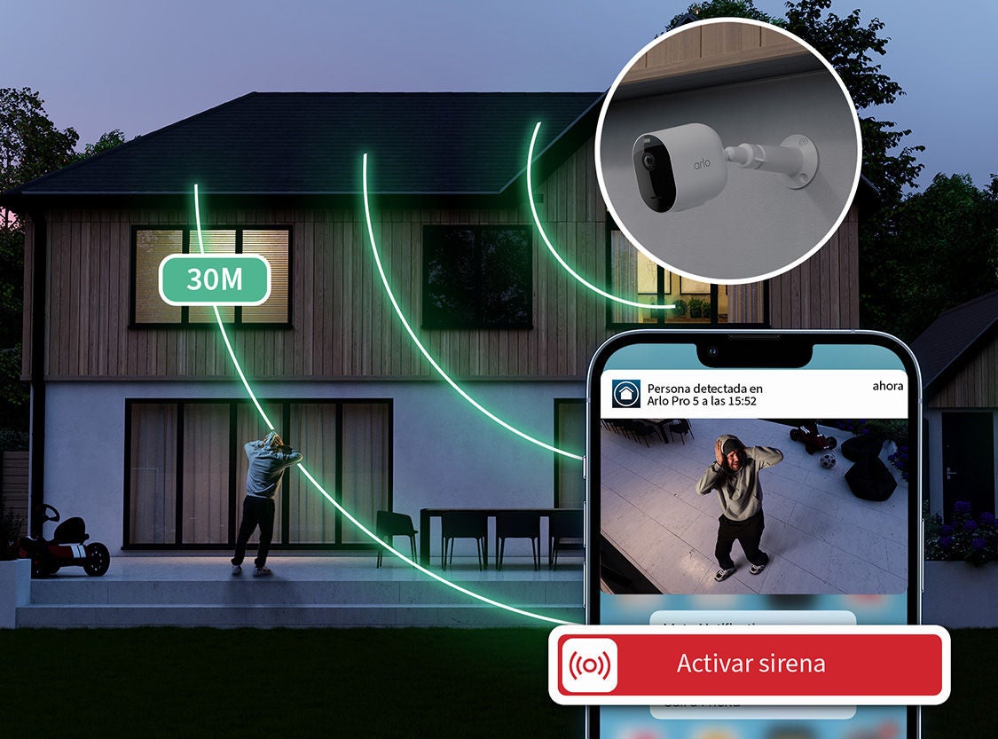  Un efecto que muestra el alcance de la sirena integrada en la cámara de seguridad que puede oírse hasta 30 m.