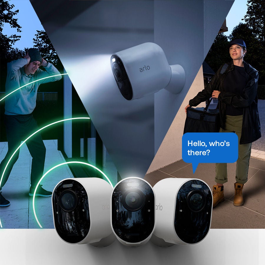 Intruder covering ears alarm deterrence. Delivery woman with two-way audio.