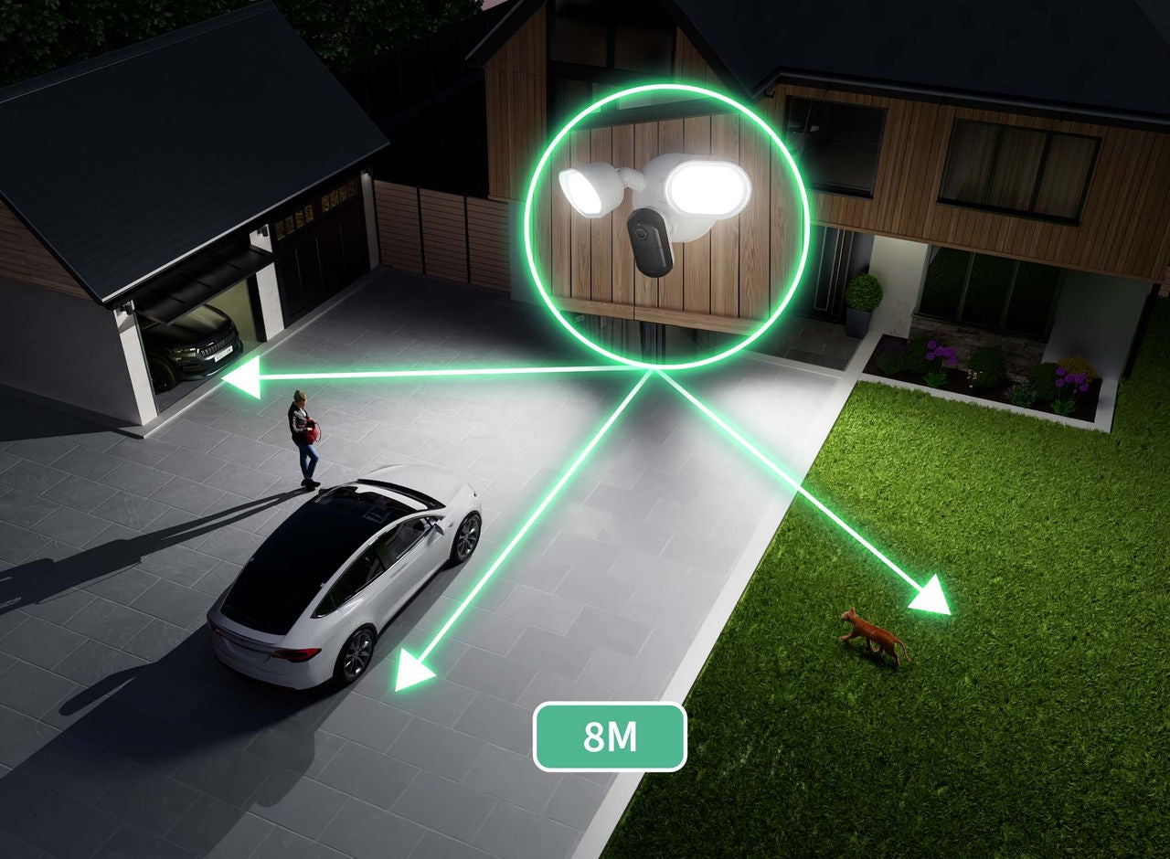 Ein leistungsstarker Arlo-Flutlicht beleuchtet nachts einen Garten und eine Garage in seinem Strahl