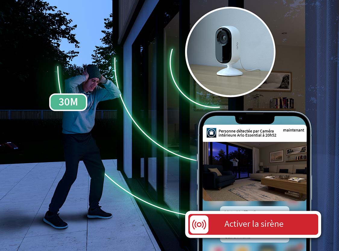 ntrus couvrant les oreilles avec une portée de sirène de 30M et une vue mobile de l'activation de la sirène.