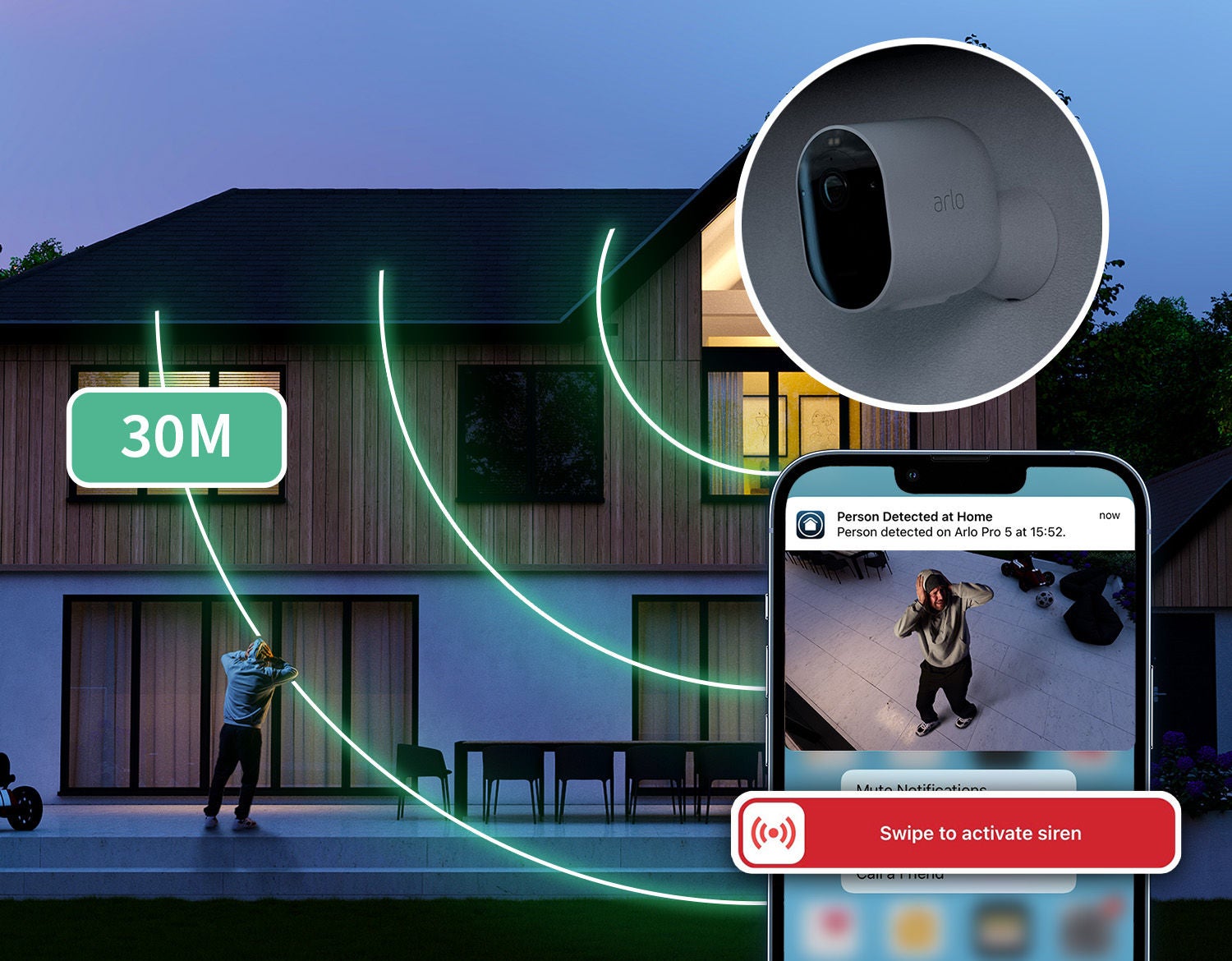  An effect showing the range of the integrated siren on the security camera that can be heard up to 30m.