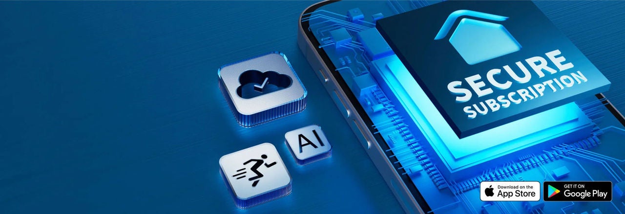 Arlo secure subscription banner with cloud, AI , speed icons next to a mobile phone.