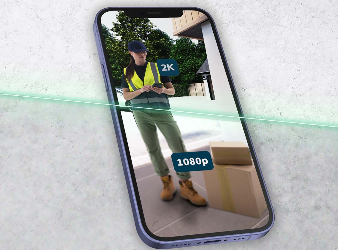 Mobile phone screen image shows a clear high definition image of a delivery person at the front door