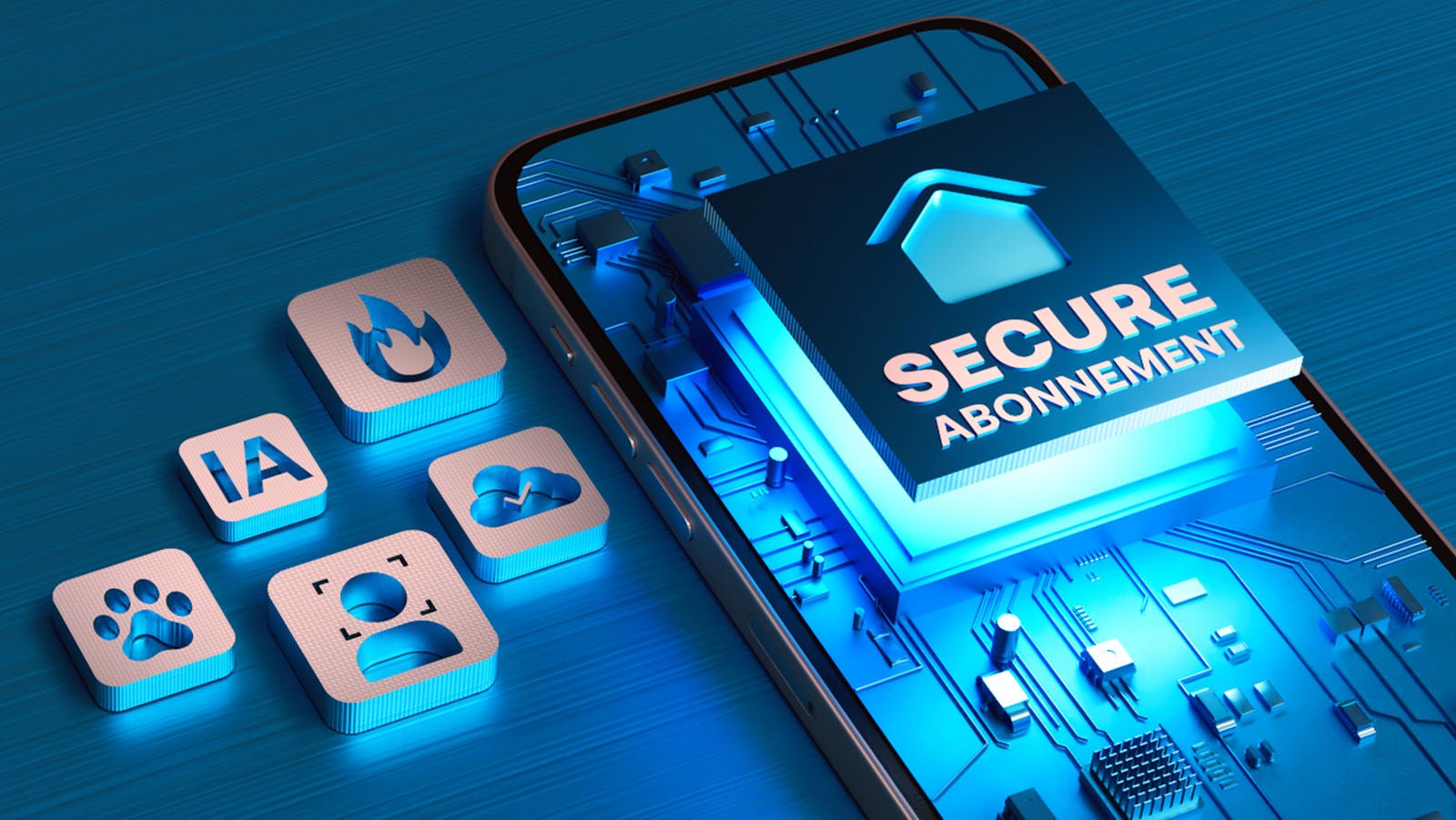 Arlo secure subscription banner med ikoner for dyr, AI, hastighed, sky og personregistrering ved siden af en mobiltelefon