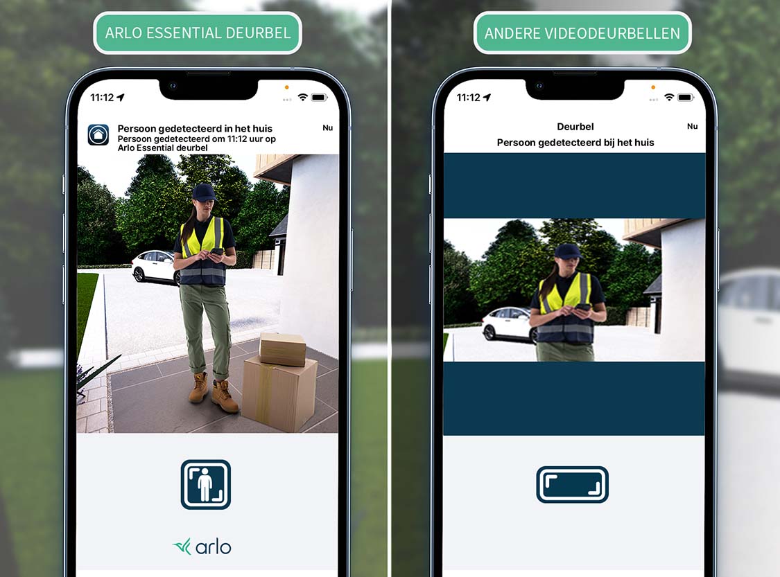 Een zij-aan-zij vergelijking van 2 afbeeldingen van een bezorger bij de voordeur toont de duidelijke 2K-definitie die u krijgt met Arlo Video Doobells
