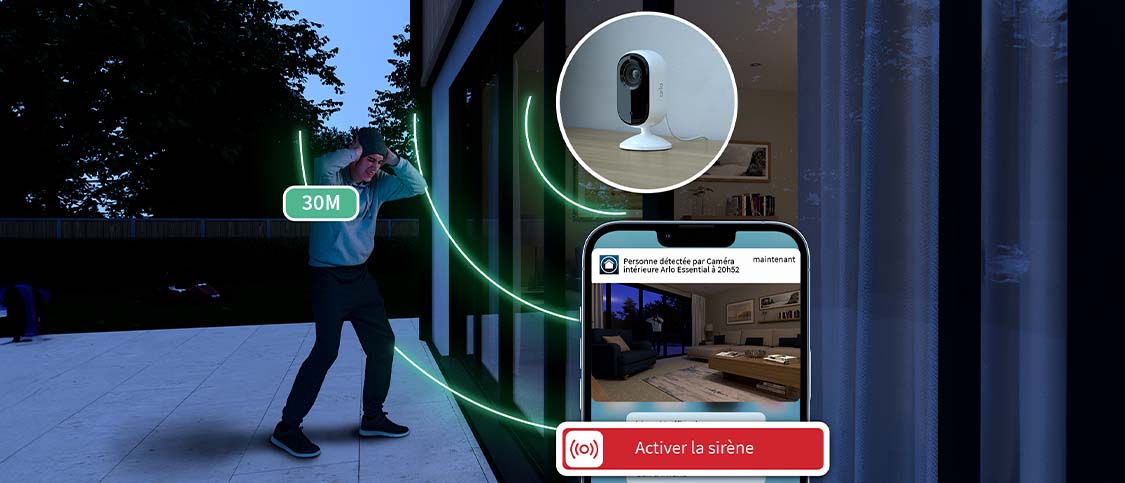Effrayez les intrus grâce à la sirène intelligente intégrée de 80 dB qui peut être entendue jusqu'à 30 mètres. Faites-le s'éteindre automatiquement si un mouvement est détecté ou déclenché depuis l'application