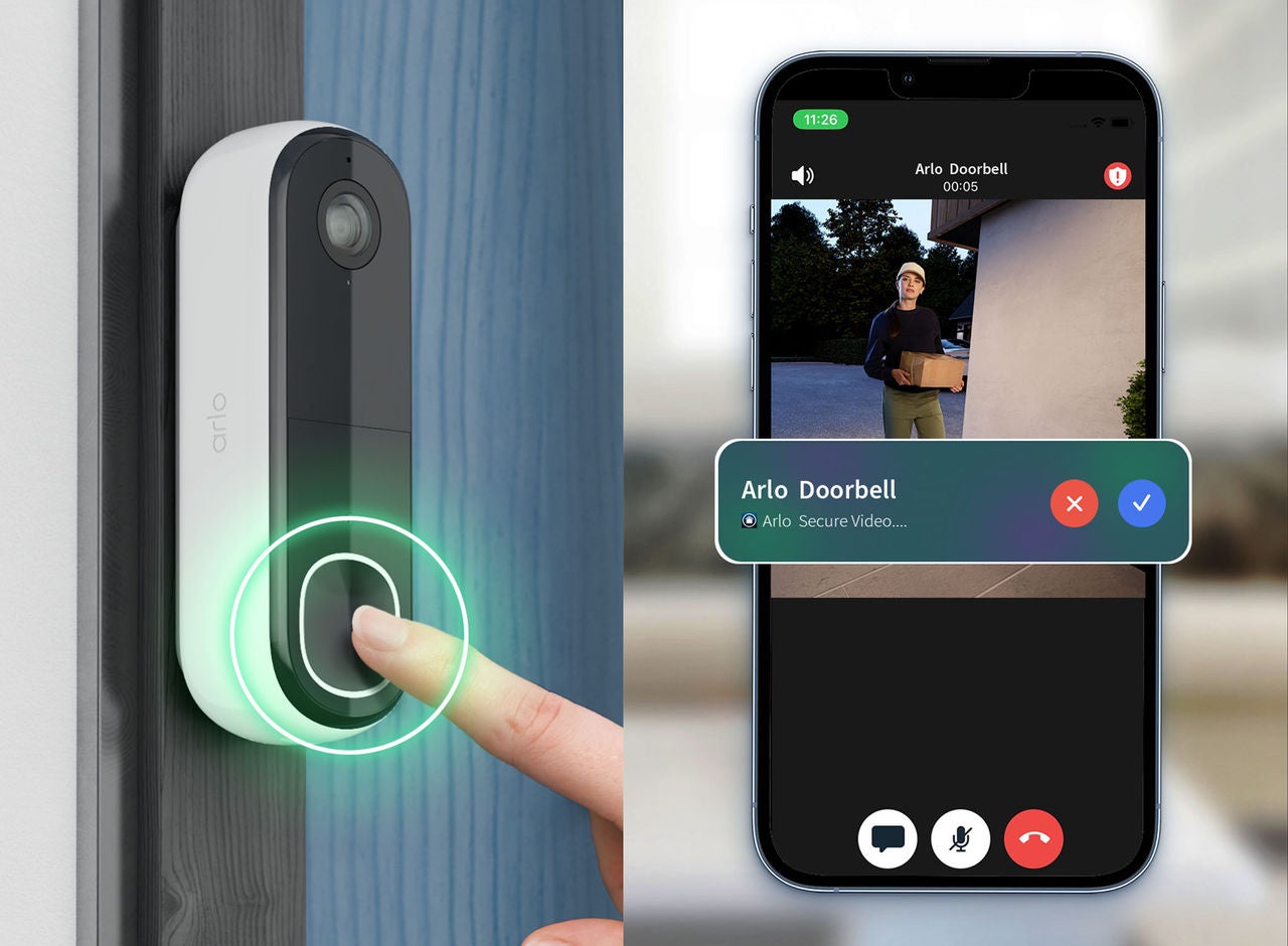 finger pressing doorbell, mobile phone showing who is at the door