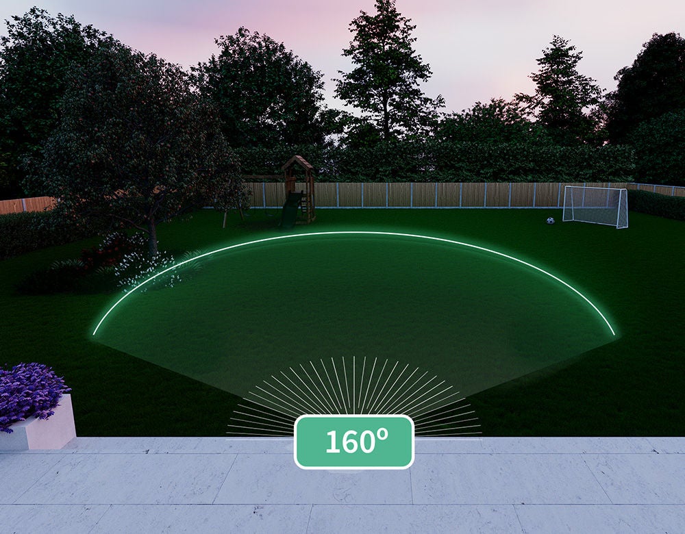  The garden of a house with an effect showing the 160° field of view of the security camera