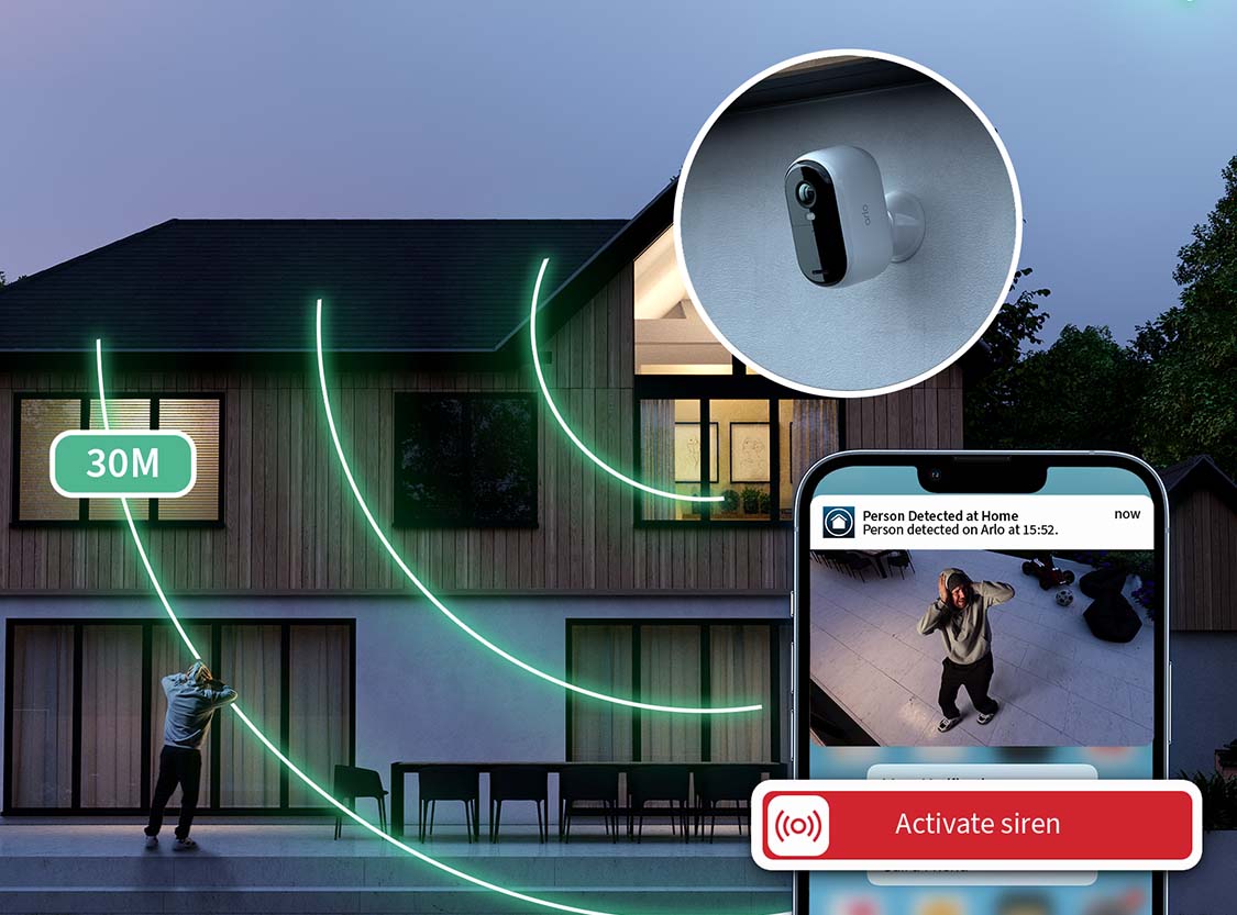 30m siren range with close up on camera and mobile alert to activate siren.