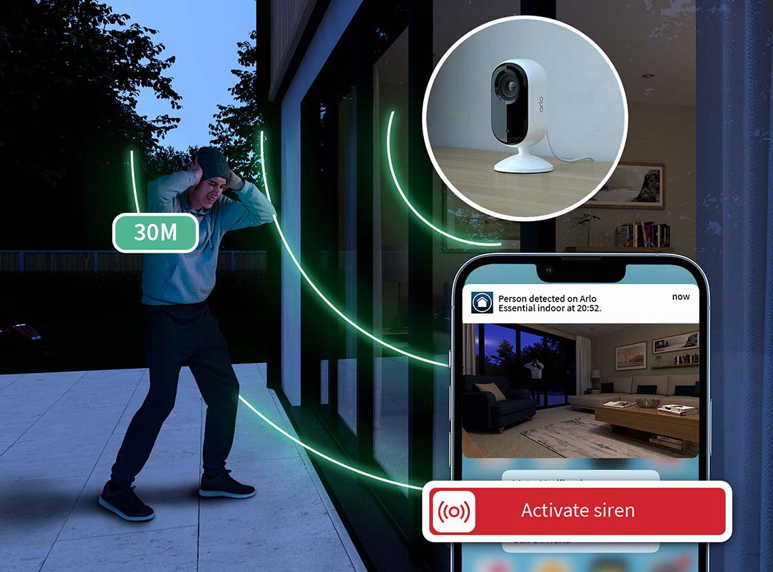 Intruder covering ears with 30M siren range and mobile view of activate siren