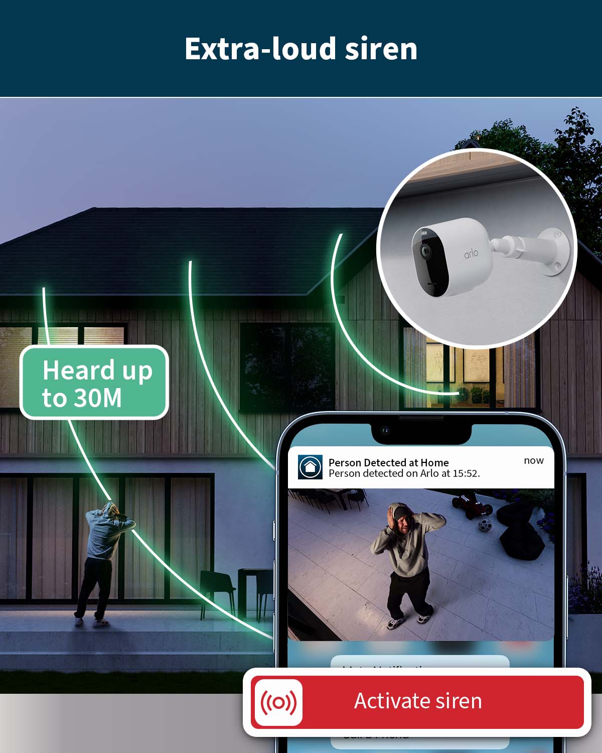 An effect showing the range of the integrated siren on the security camera that can be heard up to 30m.