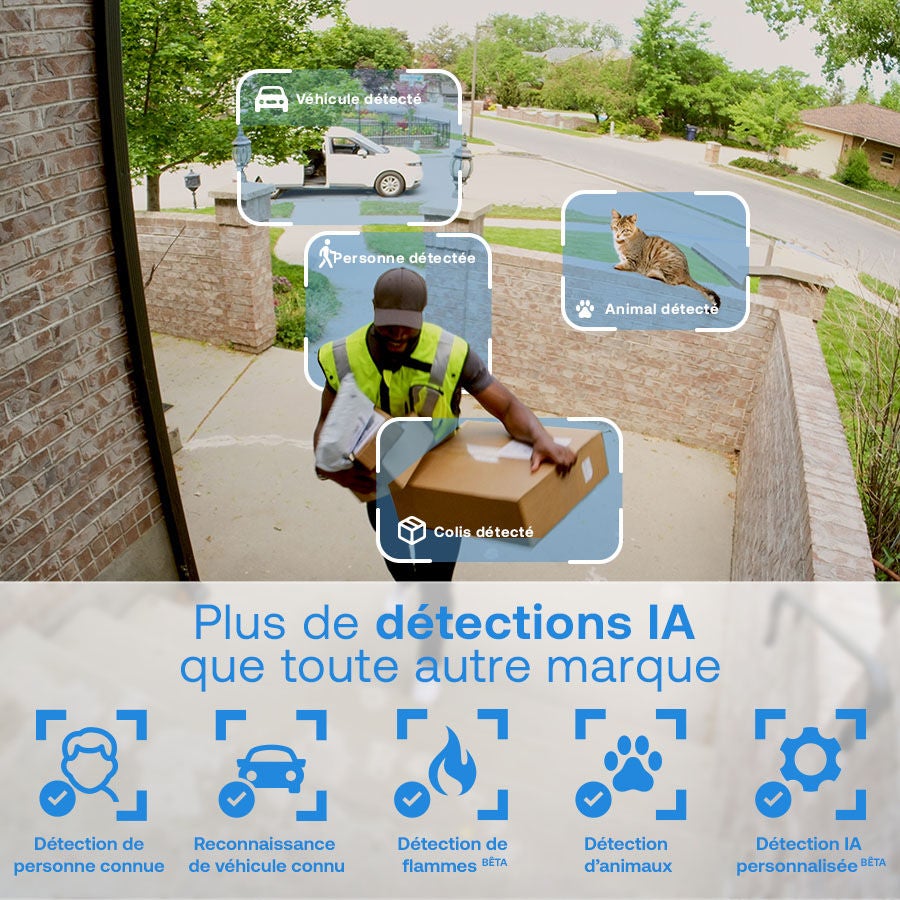 Livreur s'approchant de la porte avec icônes de détection de l'IA