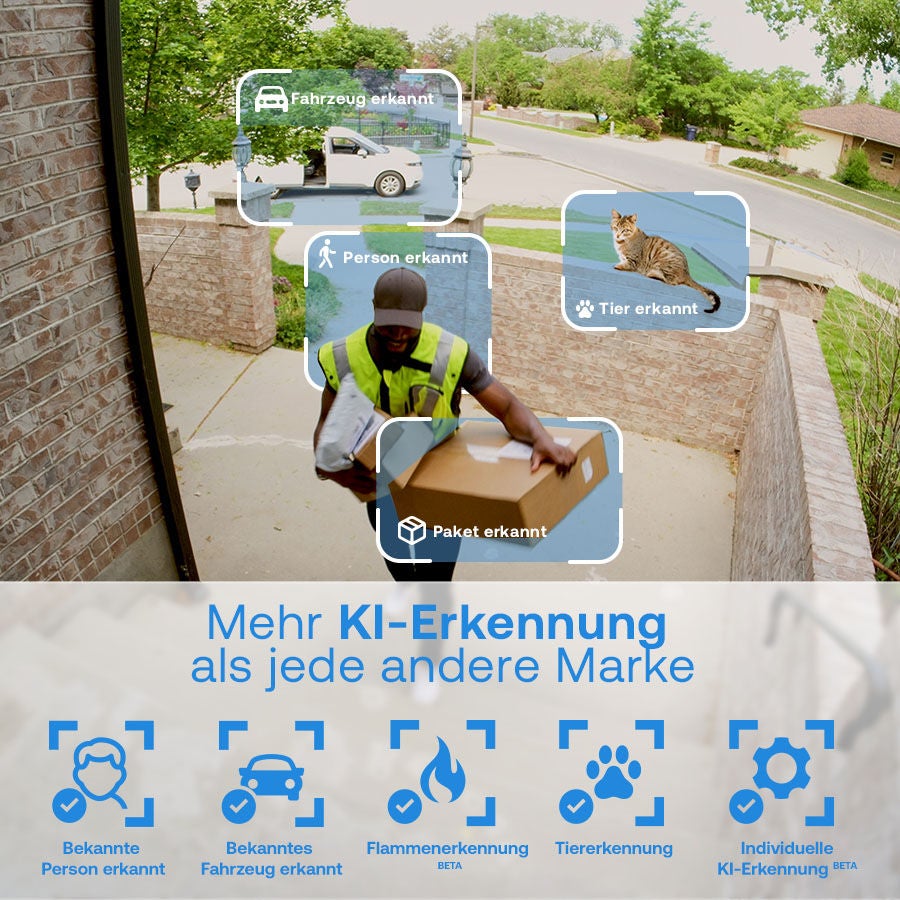 Zusteller nähert sich der Tür mit AI-Erkennungssymbolen