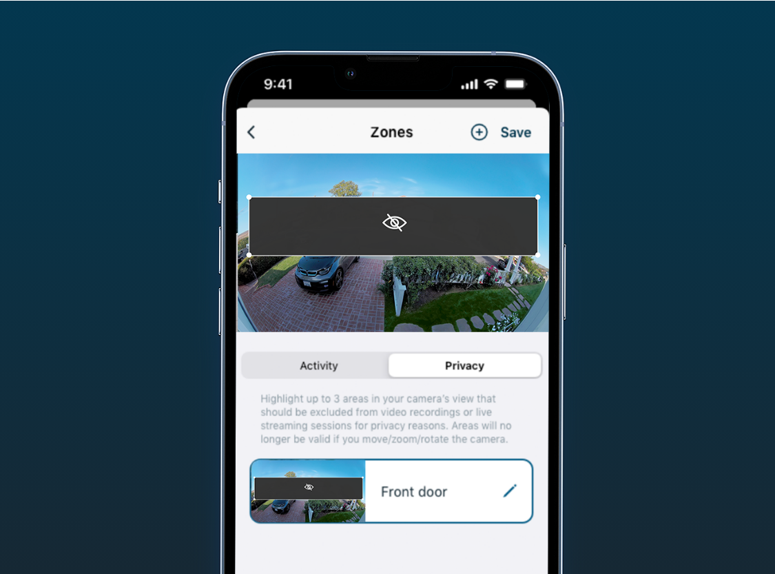 Mobile view of Privacy Zones to block out areas from camera field of view.