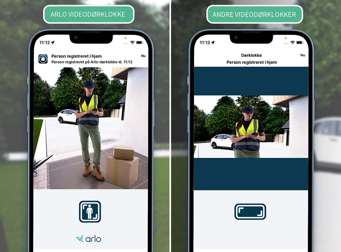 Side om side sammenligning af 2 billeder af en leveringsperson ved hoveddøren viser den klare 2K-definition, du får med Arlo Video Doobells