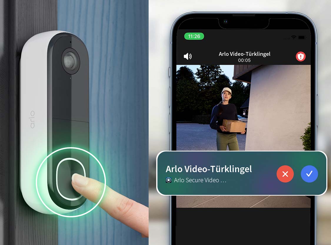 Erhalten Sie einen Videoanruf auf Ihr Mobiltelefon, sobald die Türklingel gedrückt wird, sodass Sie sehen, hören und mit jedem sprechen können, der da ist – ohne auf das Öffnen der App warten zu müssen!