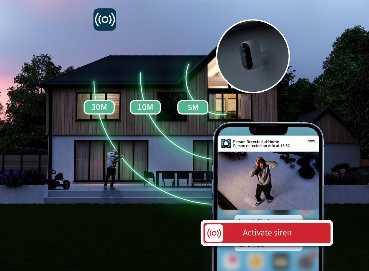 An effect showing the range of the integrated siren on the security camera that can be heard up to 30m.