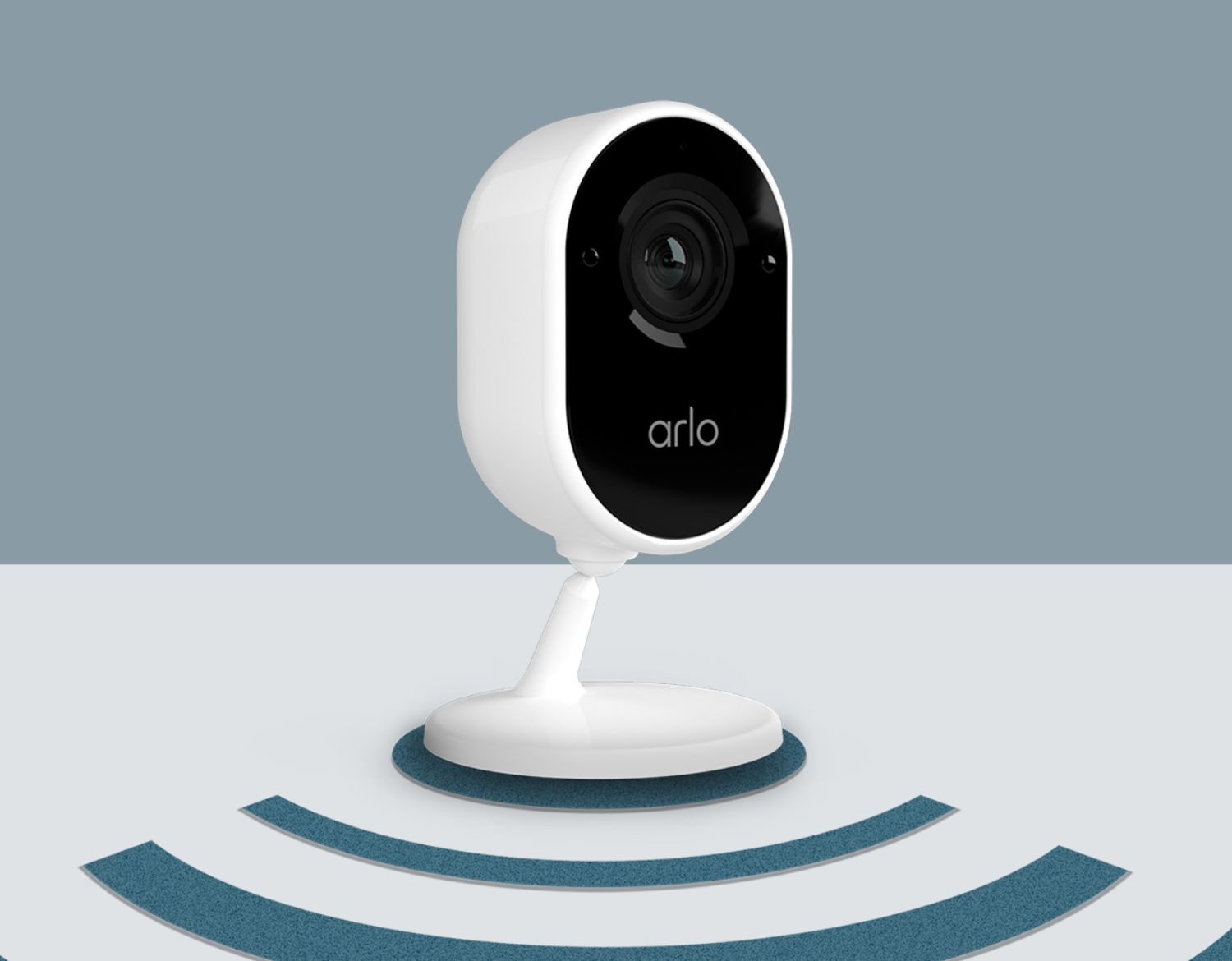 A visual effect shows that an Arlo Essential Indoor security camera connects easity to your 2.4Ghz wifi network