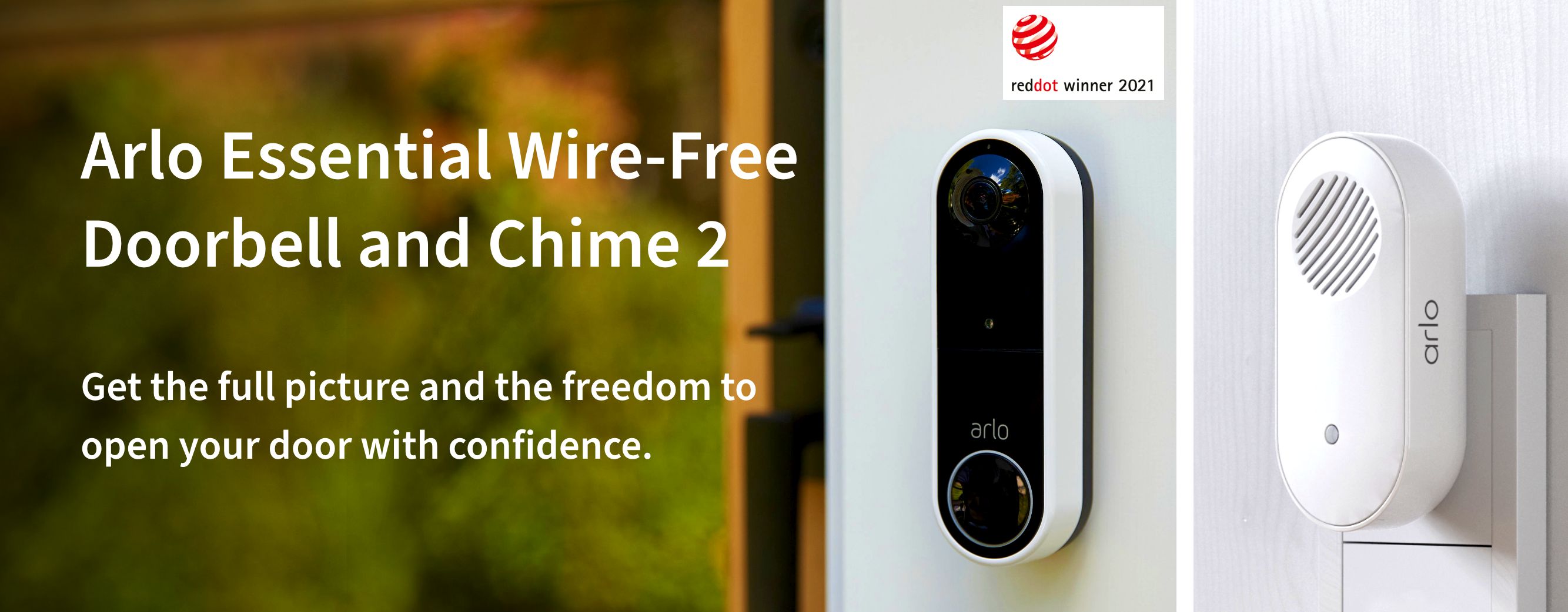 An Arlo  Essential Wire-free Doorbell and chime 2  gives you the full picture view -  Reddot winner 2021