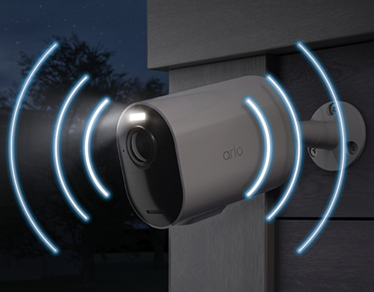 A visual effect shows the built-in siren of the Arlo Ultra 2 XL security camera