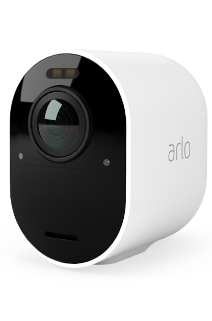 The Arlo Ultra 2 white security camera in profile with a link to view all Arlo security cameras