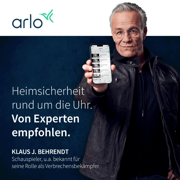 Instagram-Beitrag des Arlo-Kontos, in dem die Partnerschaft mit Klaus J. Behrend vorgestellt wird, mit einem Link auf den Beitrag