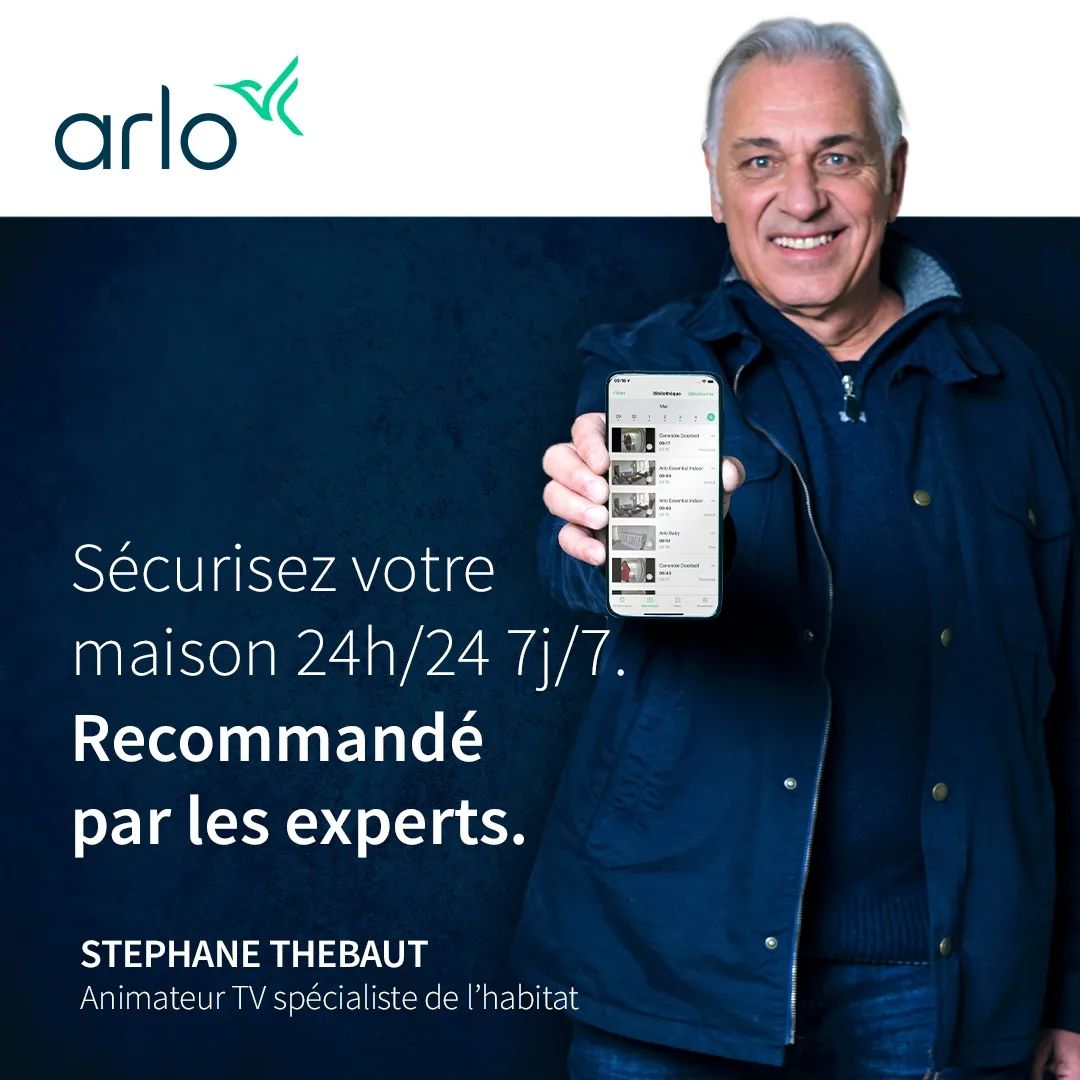 Publication Instagram d'Arlo avec Stephane Thebaut, architecte influent à la télévision, qui recommande les produits Arlo avec un lien sur la publication