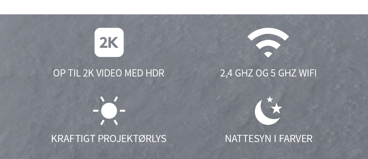 4 produktikoner: 2K, 2.4GHZ & 5GHZ WIFI, projektørlys, nattesyn
