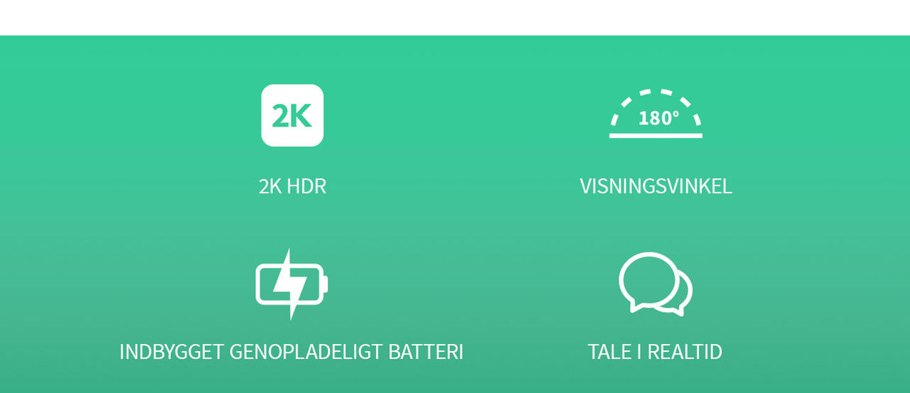 Ikoner viser 2K, 180 graders betragtningsvinkel, indbygget genopladeligt batteri og salgsargumenter for realtidstale
