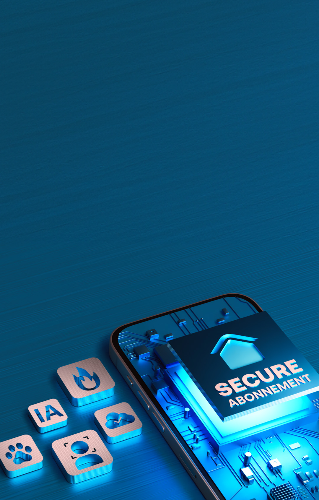 Arlo secure subscription banner med cloud-, AI- og hastighedsikoner ved siden af en mobiltelefon.