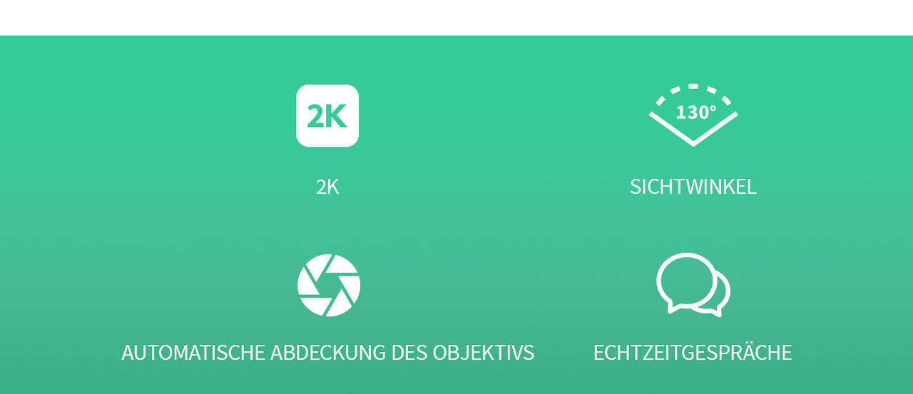 Vier Symbole auf grünem Hintergrund, von links nach rechts: 2K, Blickwinkel, Objektivschutz und Echtzeitgespräch.