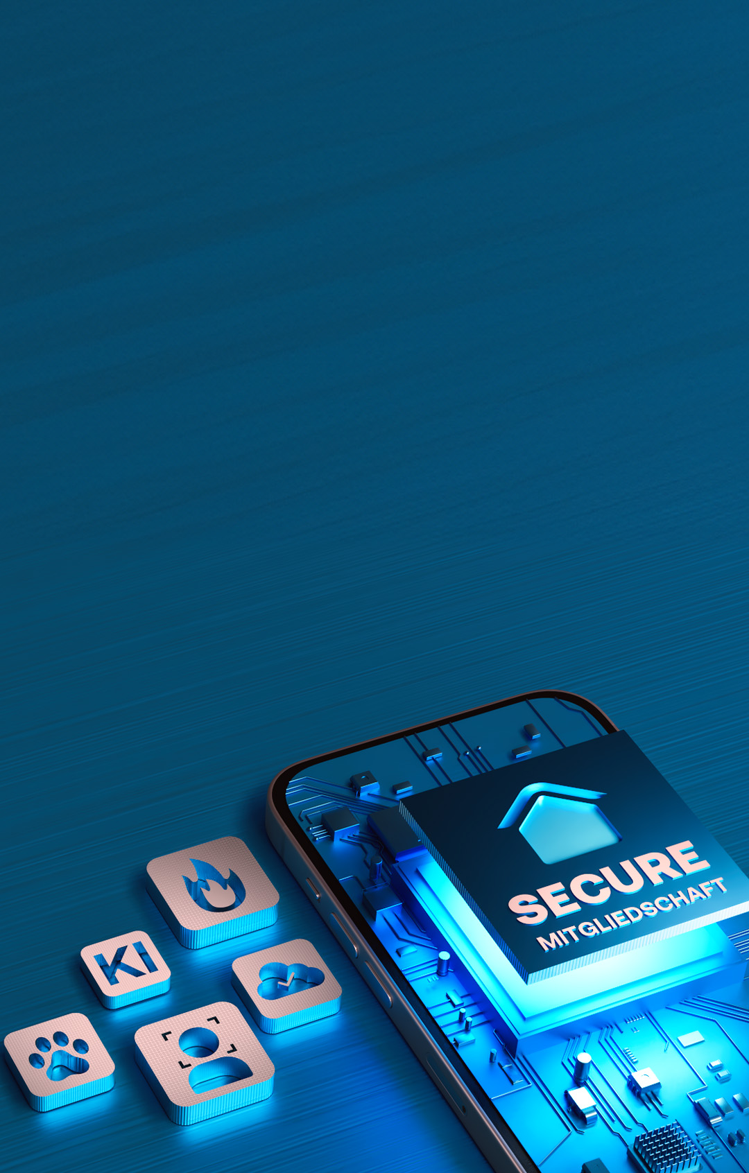 Arlo Secure Abo-Banner mit Symbolen für Tier-, KI-, Geschwindigkeits-, Cloud- und Personenerkennung neben einem Mobiltelefon.