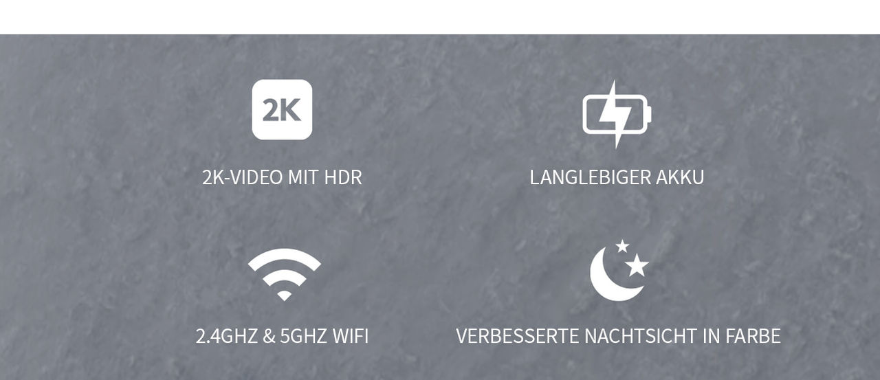 Vier Symbole auf dunkelgrauem Hintergrund, von links nach rechts: 2K, längere Akkulaufzeit, Wifi 2,4 und 5GHZ und erweiterte Nachtsicht.