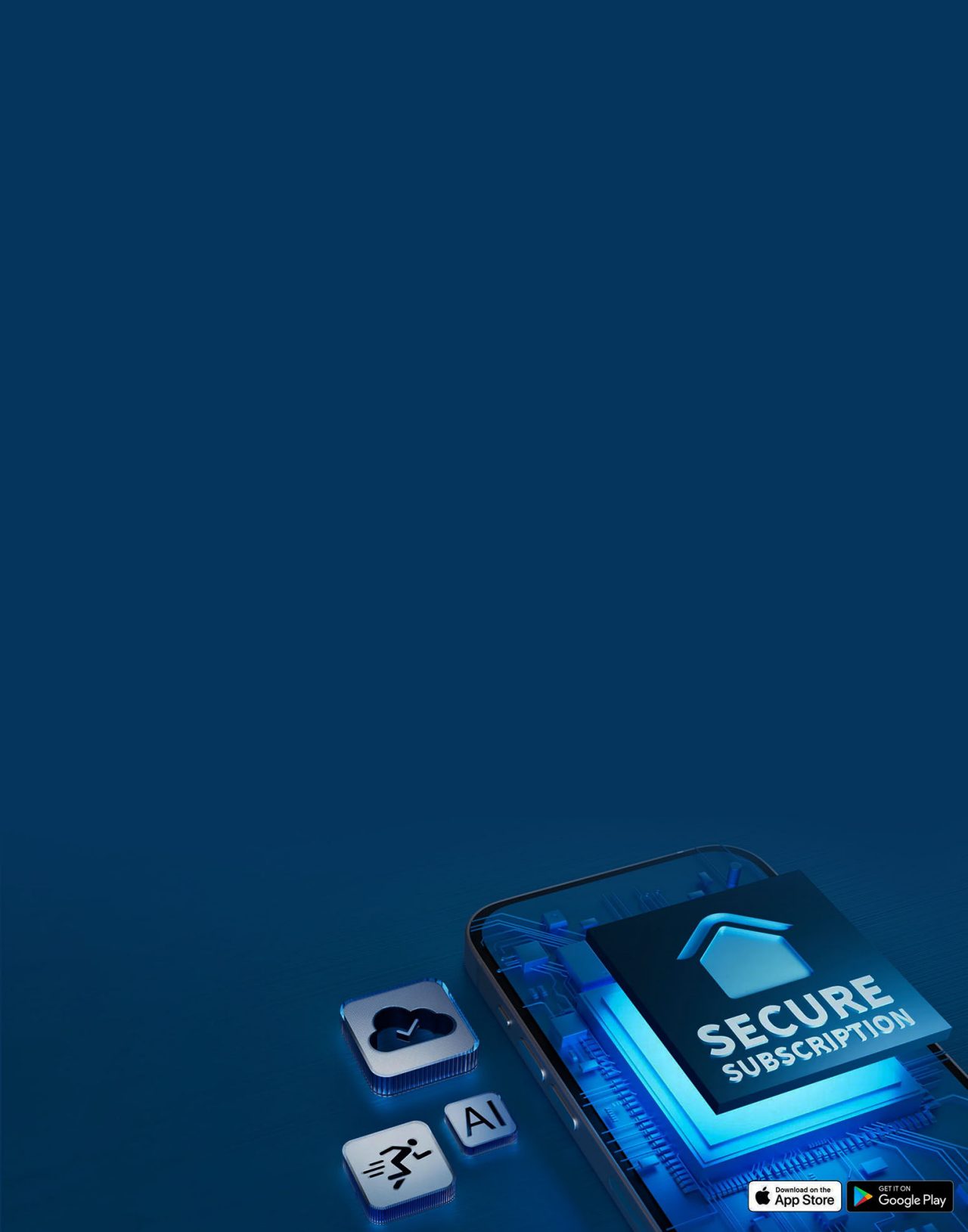 Arlo secure subscription banner mit Cloud-, KI- und Geschwindigkeitssymbolen neben einem Mobiltelefon.