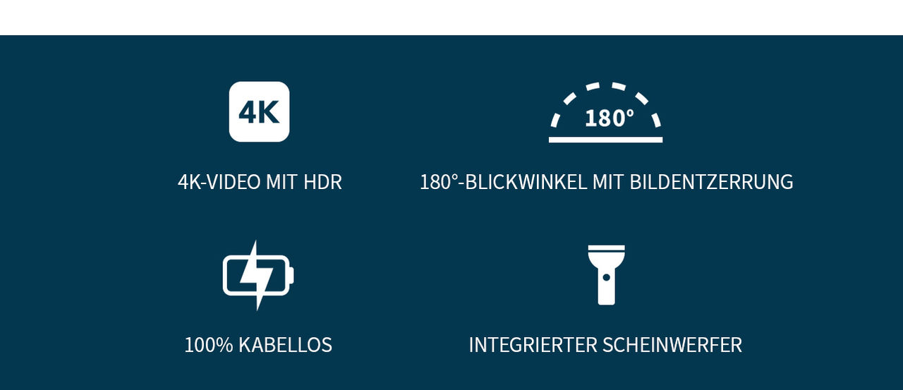 Produktsymbole: 4K-Video, Betrachtungswinkel, Kabellos, Spotlight