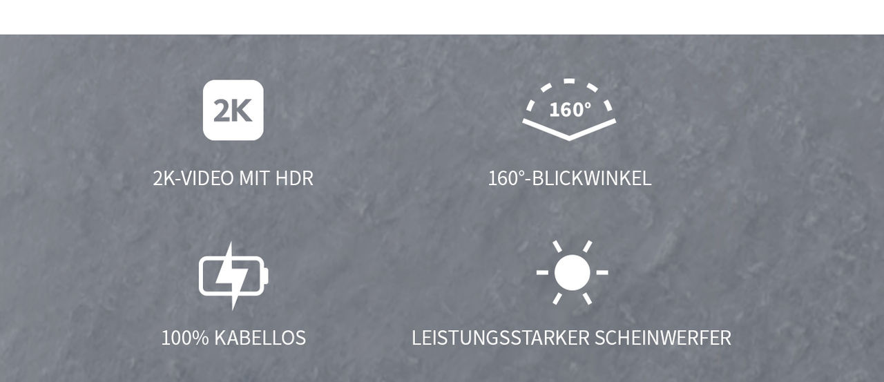 Vier Symbole auf dunkelgrauem Hintergrund von links nach rechts: 2K, großer Betrachtungswinkel, integrierter Akku und leistungsstarker Scheinwerfer.