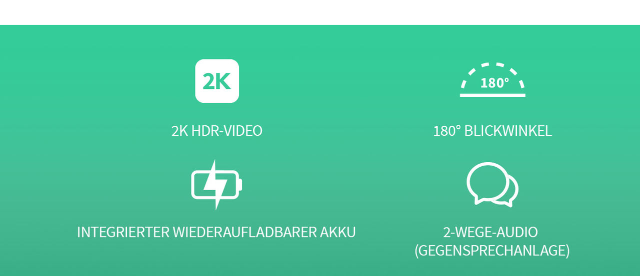 Vier Symbole auf grünem Hintergrund von links nach rechts: 2K, großer Betrachtungswinkel, integrierter Akku und Echtzeit-Konversation.