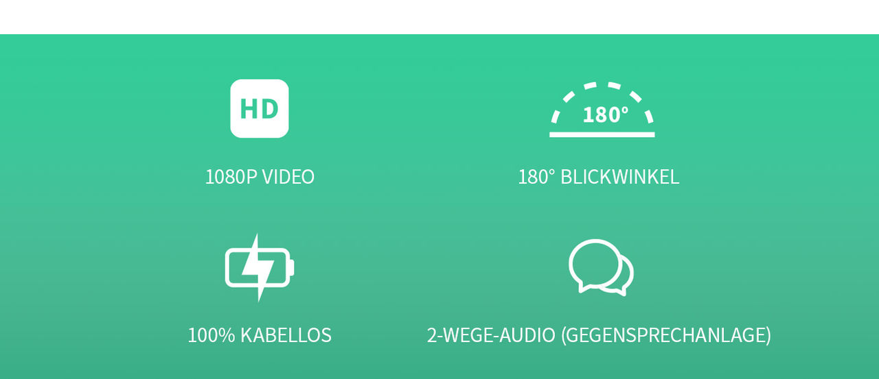 Vier Symbole auf grünem Hintergrund von links nach rechts: HD, großer Betrachtungswinkel, integrierter Akku und Echtzeit-Konversation.