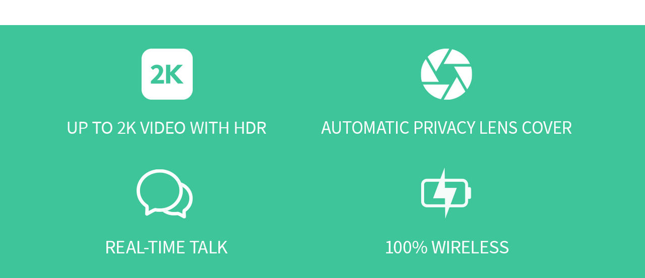 4 Product icons: 2K video, real-time talk, lens cover, wireless