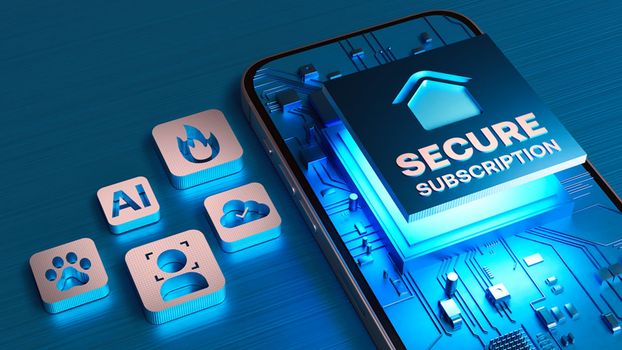 secure subscription written on a phone screen with icons for fire detection, AI, person detection placed on the side