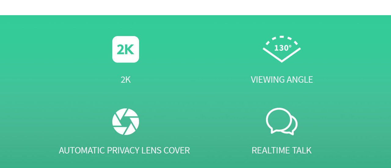 Four icons on a green background from L-R: HD, viewing angle, built-in rechargeable battery, and real-time talk.