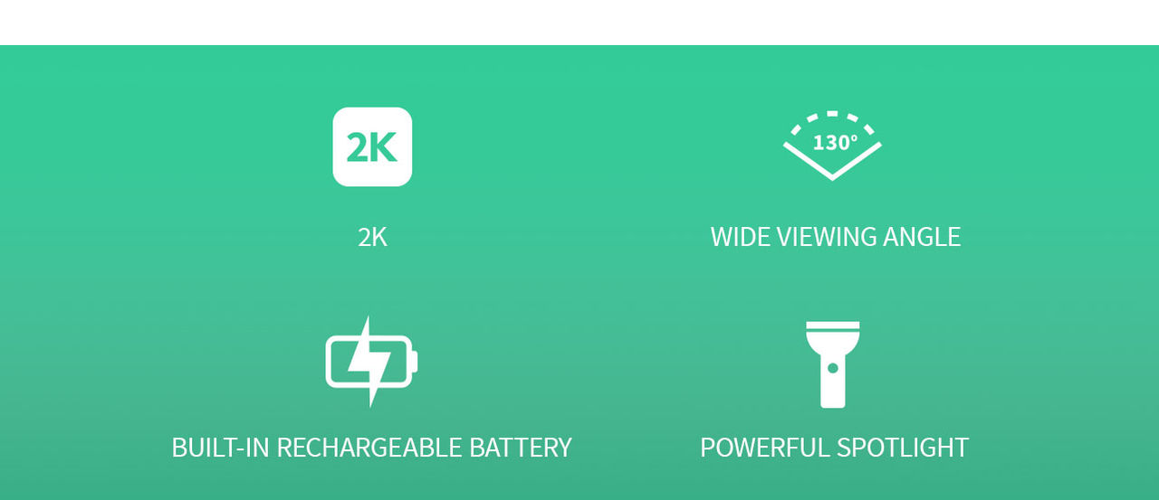 Four icons on a green background from L-R: 2K, wide viewing angle, built-in rechargeable battery, and powerful spotlight.