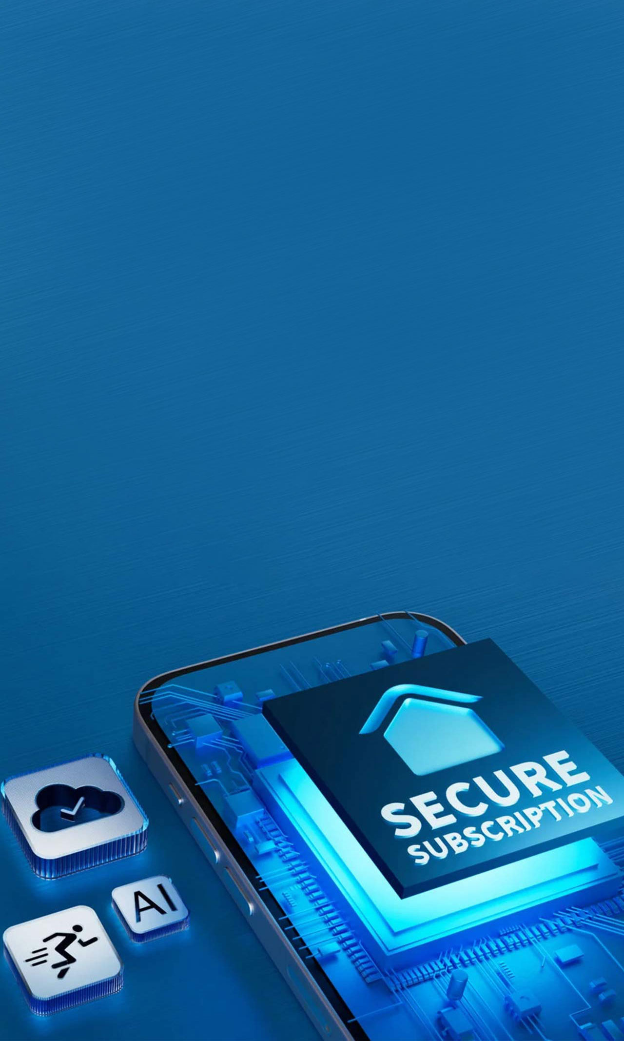 Arlo secure subscription banner with cloud, AI , speed icons next to a mobile phone.